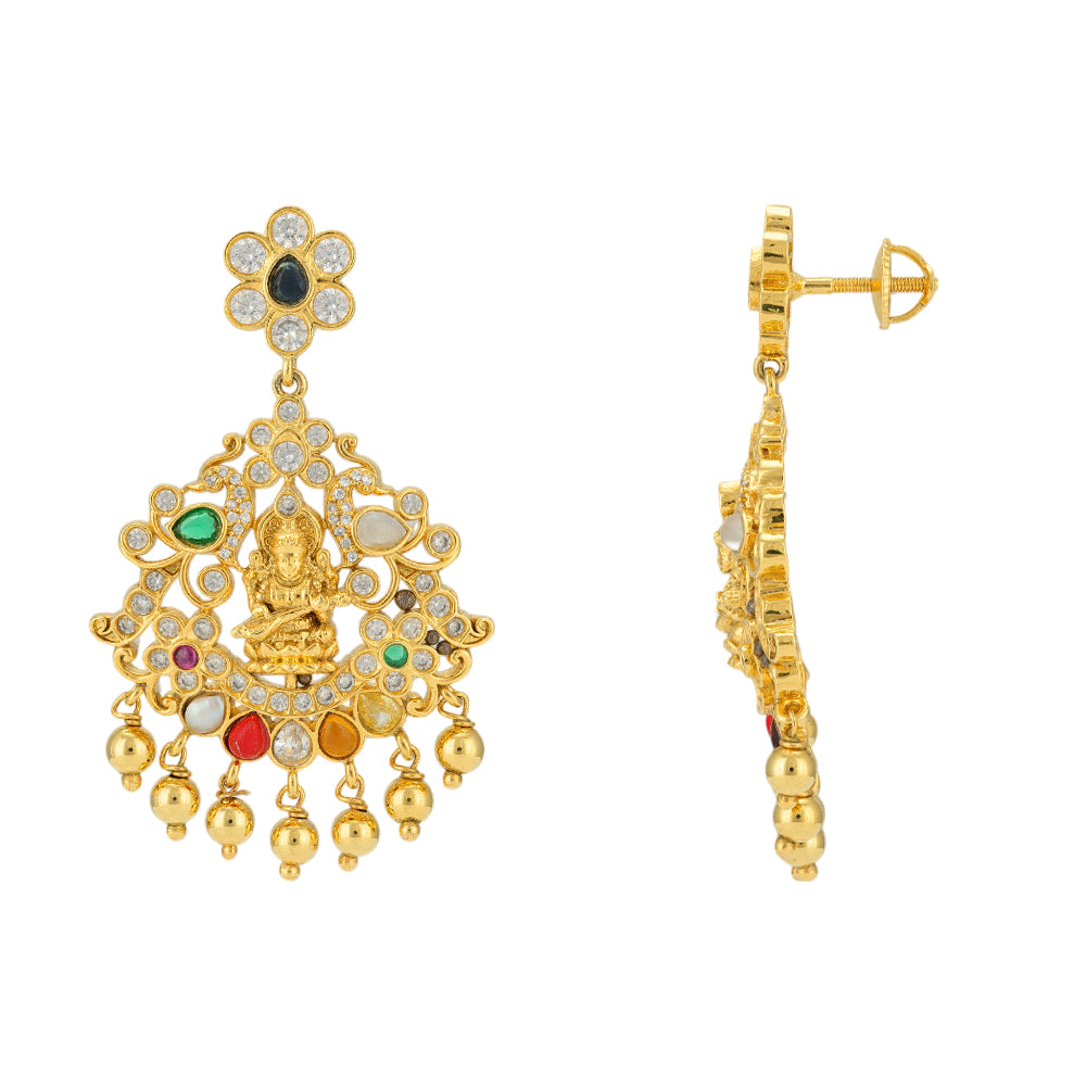 Saraswati Centered 925 Gold Plated Navaratna Stones Earrings