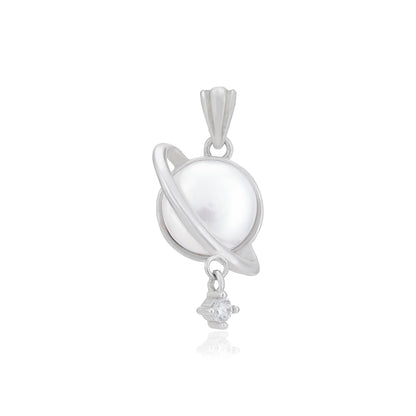 Saturn Pearl Rhodium Plated Stone Drop Pendant 
