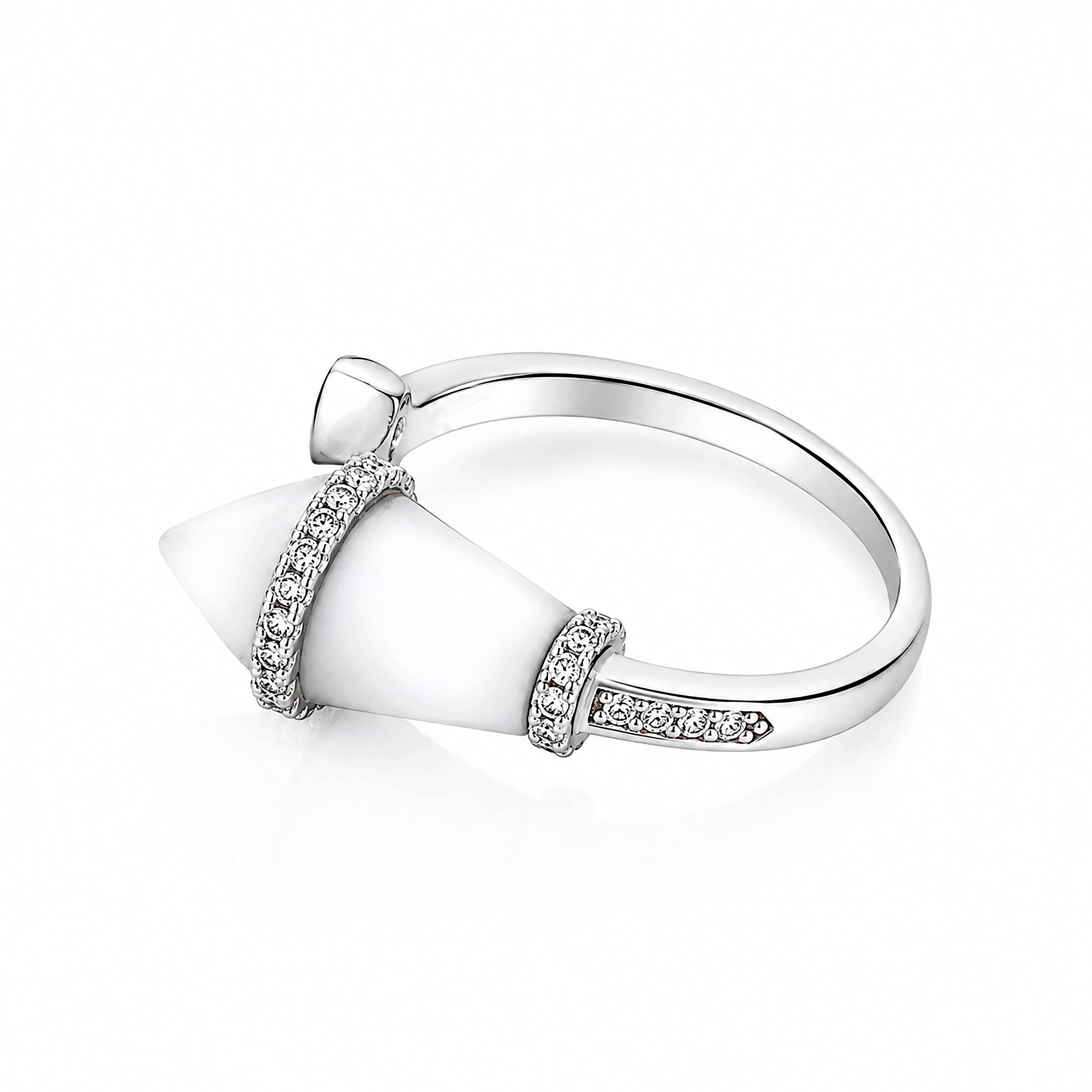 Sculptural White Accent Open Wrap Silver Ring