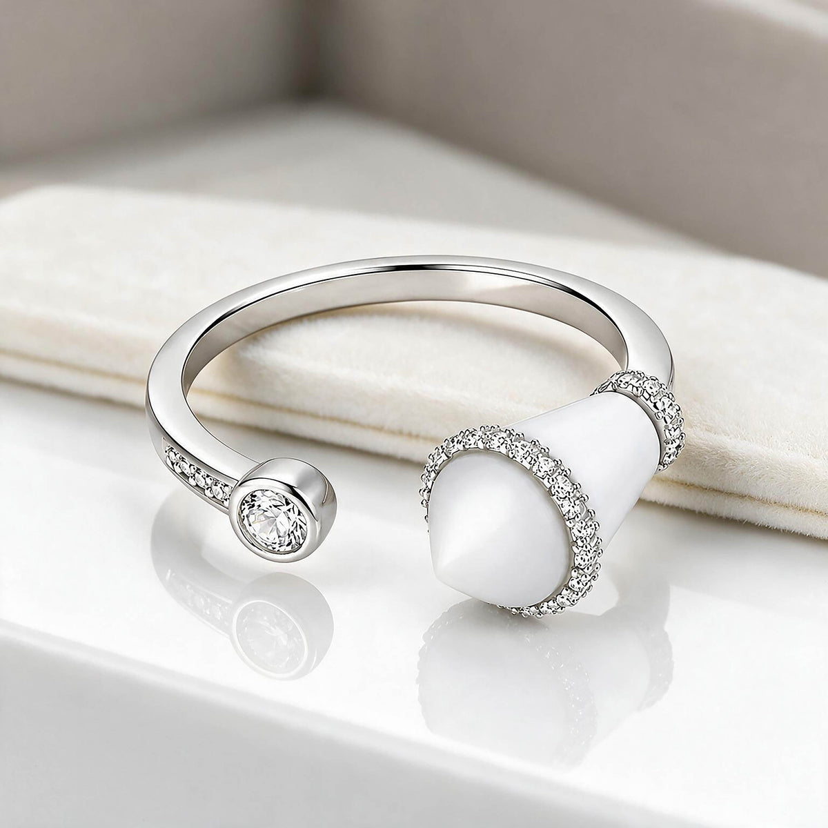 Sculptural White Accent Open Wrap Silver Ring