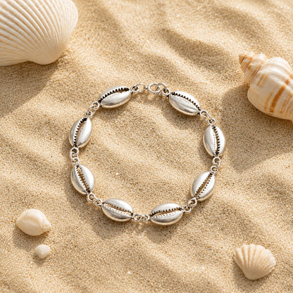 Seaside Cowrie Shell Silver Elegant Linked Charm Bracelet