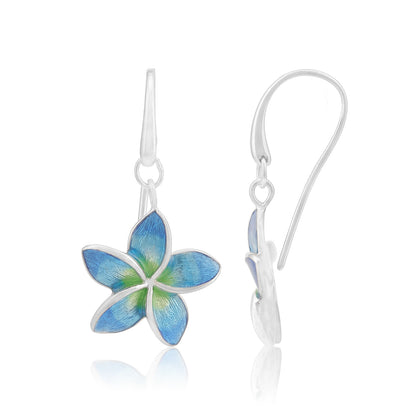 Serene Blue Green Plumeria Rhodium Plated 925 Hook Earrings