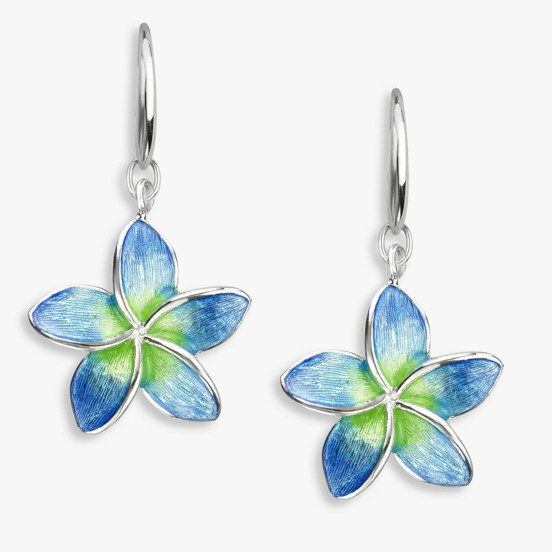 Serene Blue Green Plumeria Rhodium Plated 925 Hook Earrings