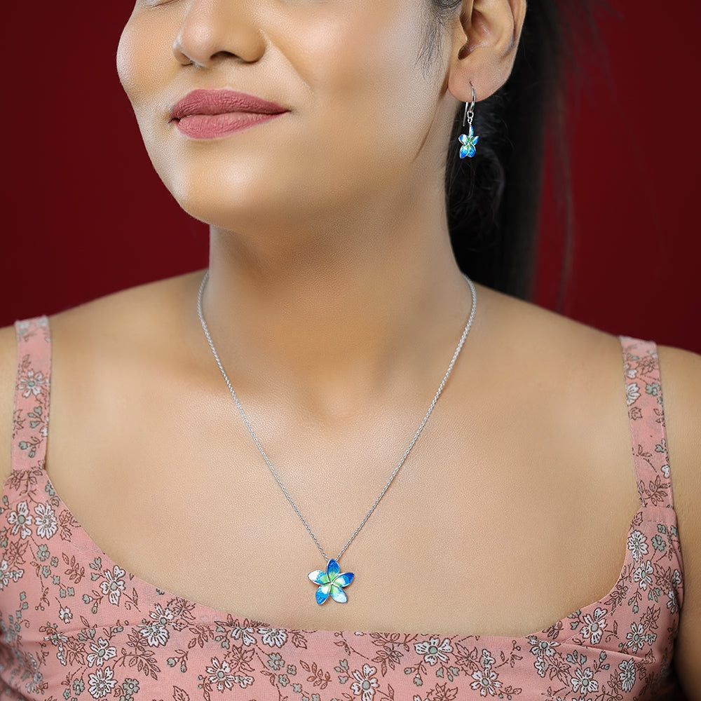 Serene Blue Green Plumeria Rhodium Plated 925 Hook Earrings 
