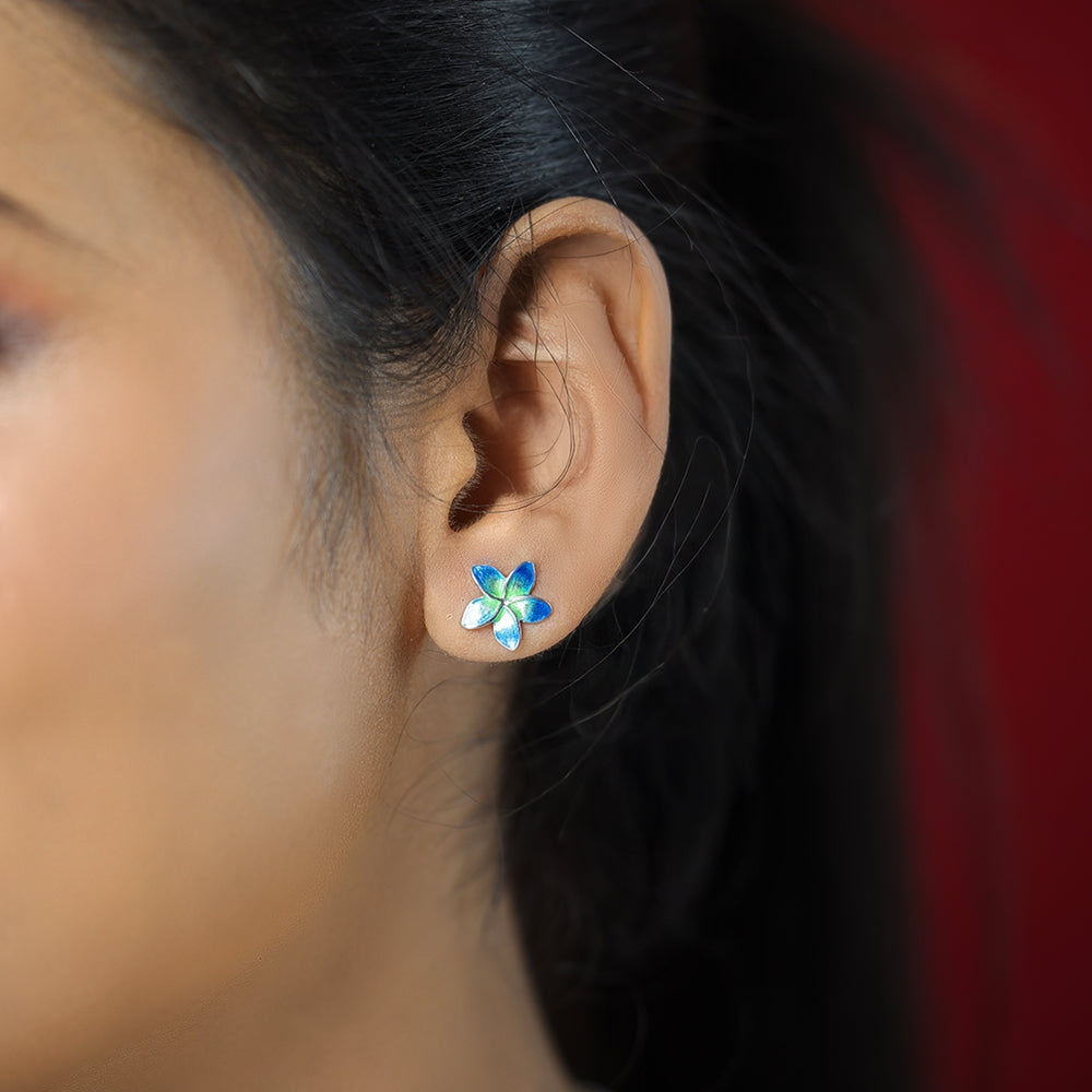 Serene Blue Green Plumeria Rhodium Plated 925 Studs