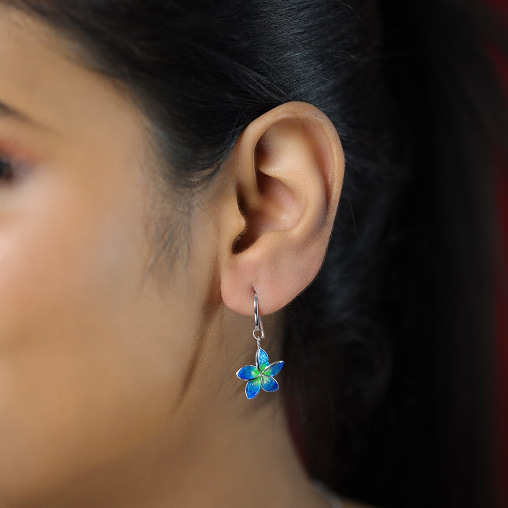 Serene Blue Green Plumeria Rhodium Plated 925 Hook Earrings