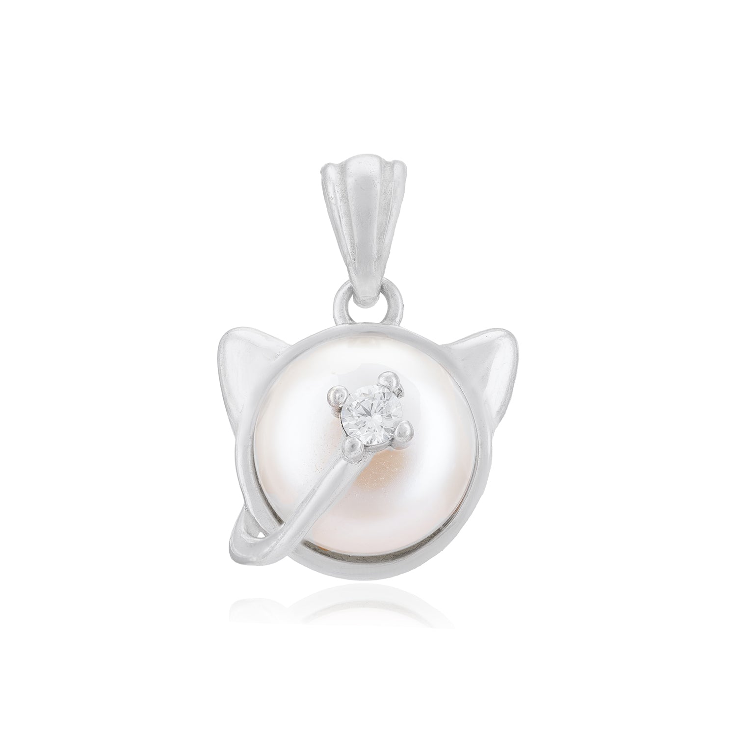 Serene Pearl Cat Rhodium Plated Pendant 
