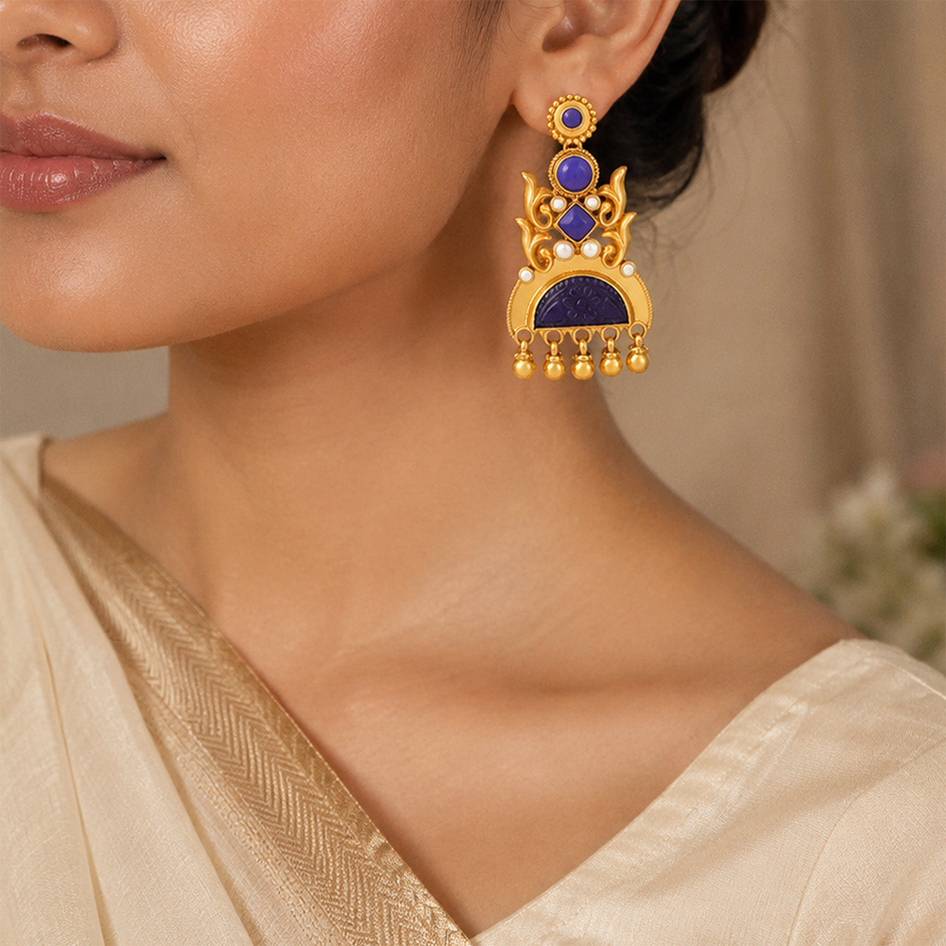 Shahi Blue Motif 925 Sterling Silver Heritage Earrings