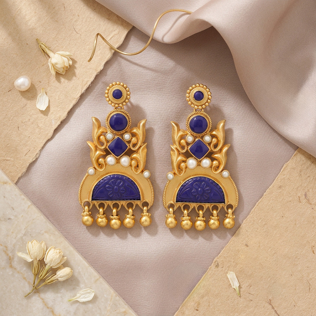 Shahi Blue Motif 925 Sterling Silver Heritage Earrings