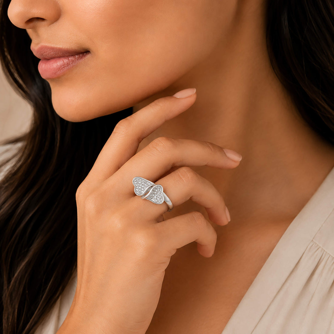 Shimmering Dual Heart Rhodium Plated Rings