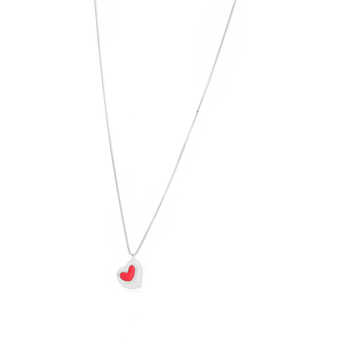 Shimmering Heart Rhodium Plated Centred Red Heart Chain Pendant
