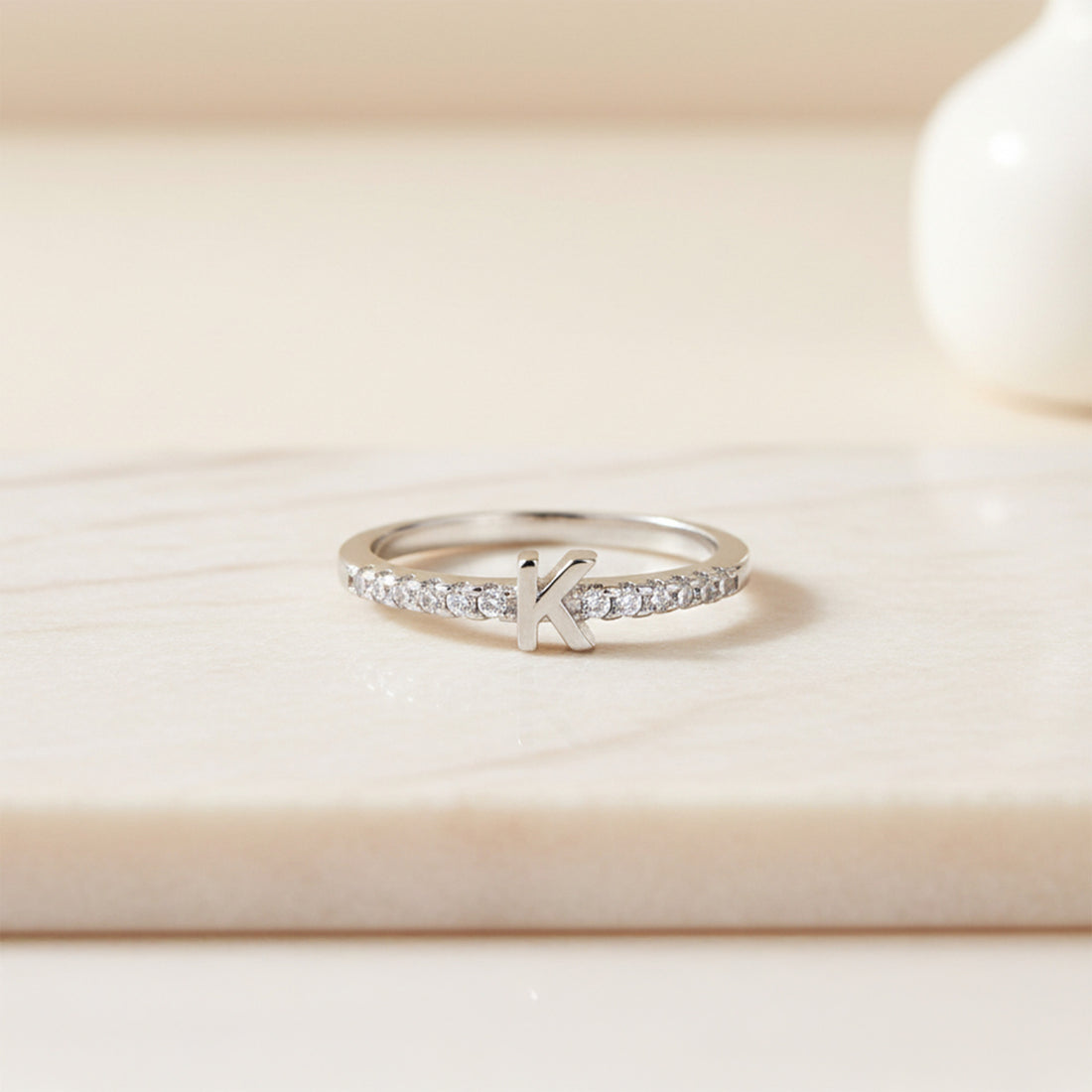 Shimmering K Initial 925 Sterling Silver Elegant Ring for Women