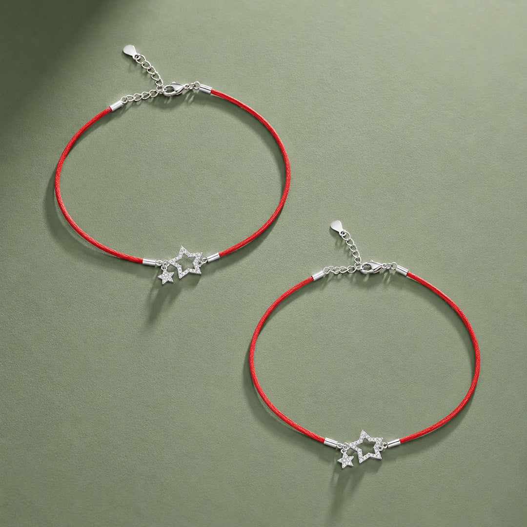 Shimmering Silver Star Charm Red Thread Anklet
