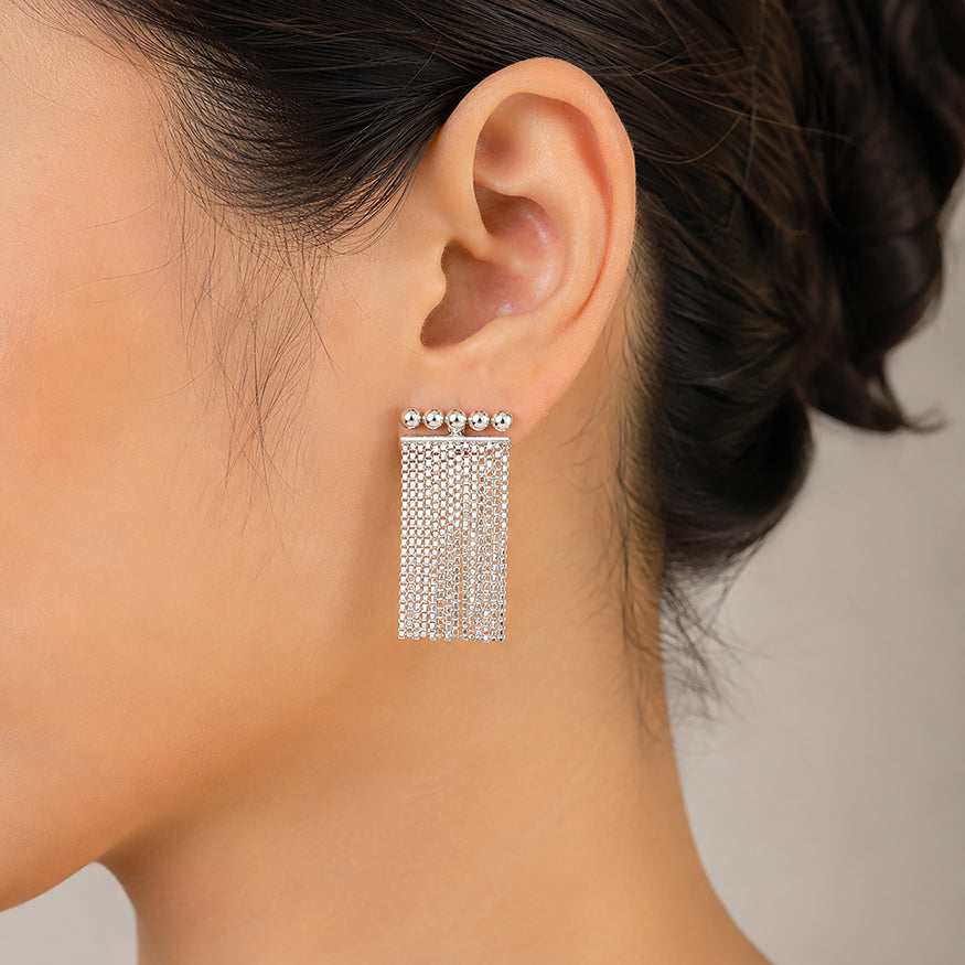 Silver Beaded Tassel Fringe Drop Earrings