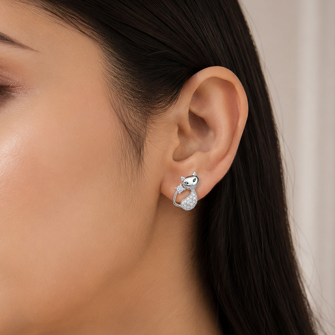 Silver Crystal Cat Stud Earrings
