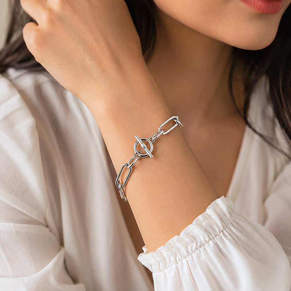 Silver Elongated Open Link Toggle Bracelet