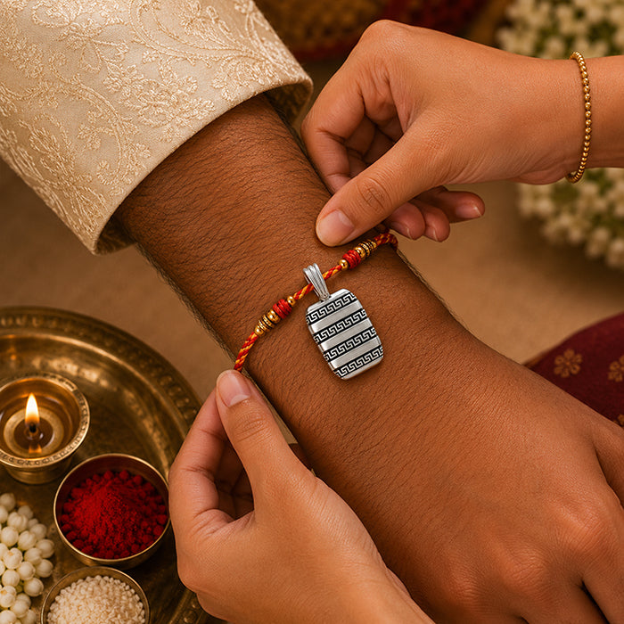 Silver Greek Key Bar Rakhi Pendant