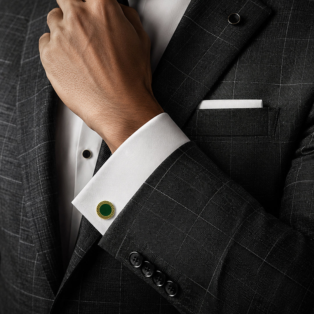 Silver Greek Key Green Enamel Cufflinks