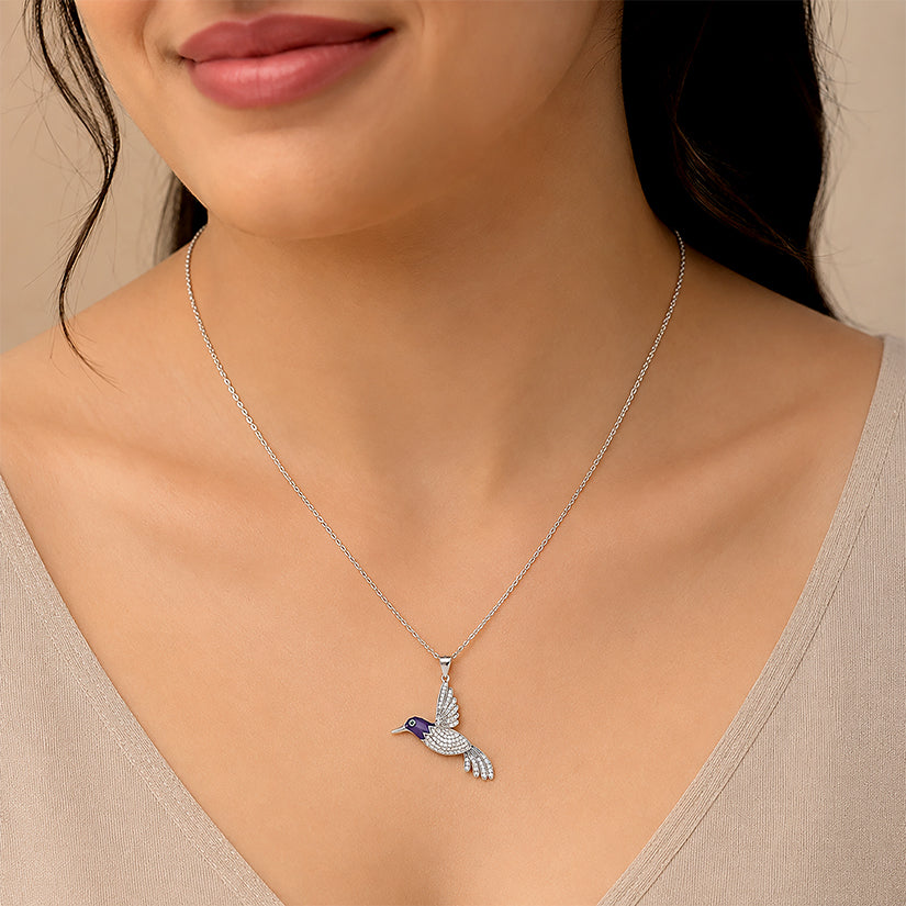 Silver Hummingbird Blue Enamel Chain Pendant