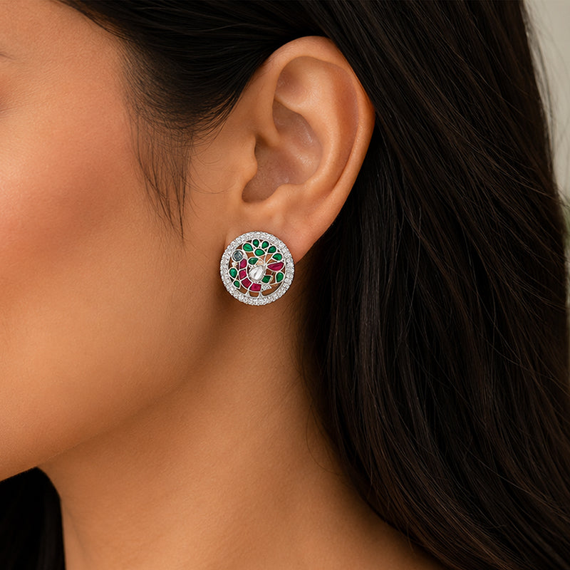 Silver Kundan Peacock Stud Earrings