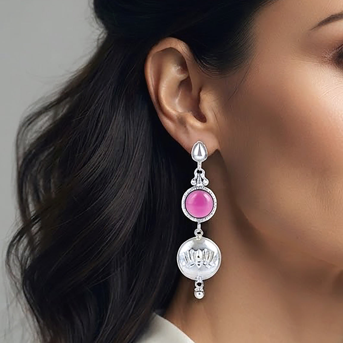 Silver Lotus Motif Pink Drop Earrings