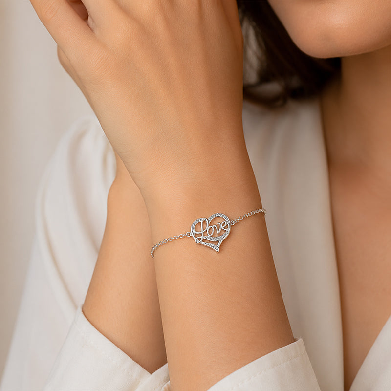 Silver Love Heart Crystal Chain Bracelet