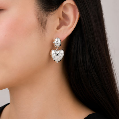 Silver Polka Dot CZ Heart Drop Earrings