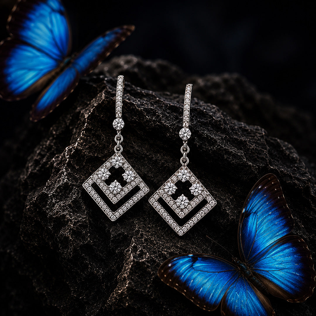 Silver Art Deco Geometric Square Drop Earrings
