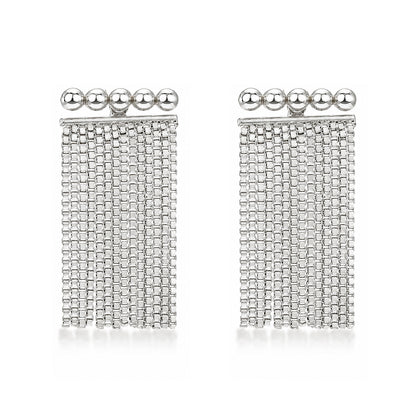 Silver Beaded Tassel Fringe Drop Earrings