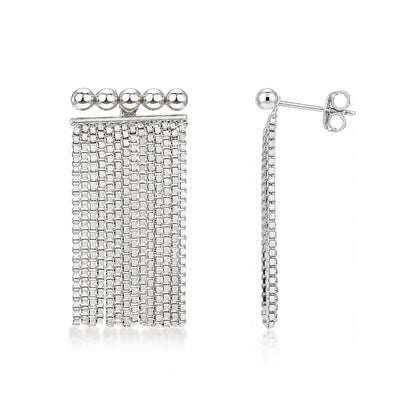 Silver Beaded Tassel Fringe Drop Earrings