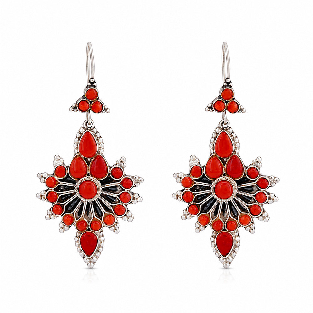 Silver Coral Red Chandelier Earrings