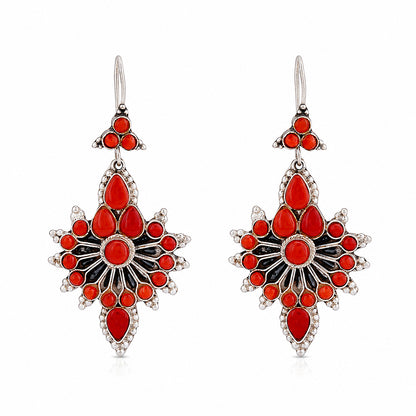 Silver Coral Red Chandelier Earrings
