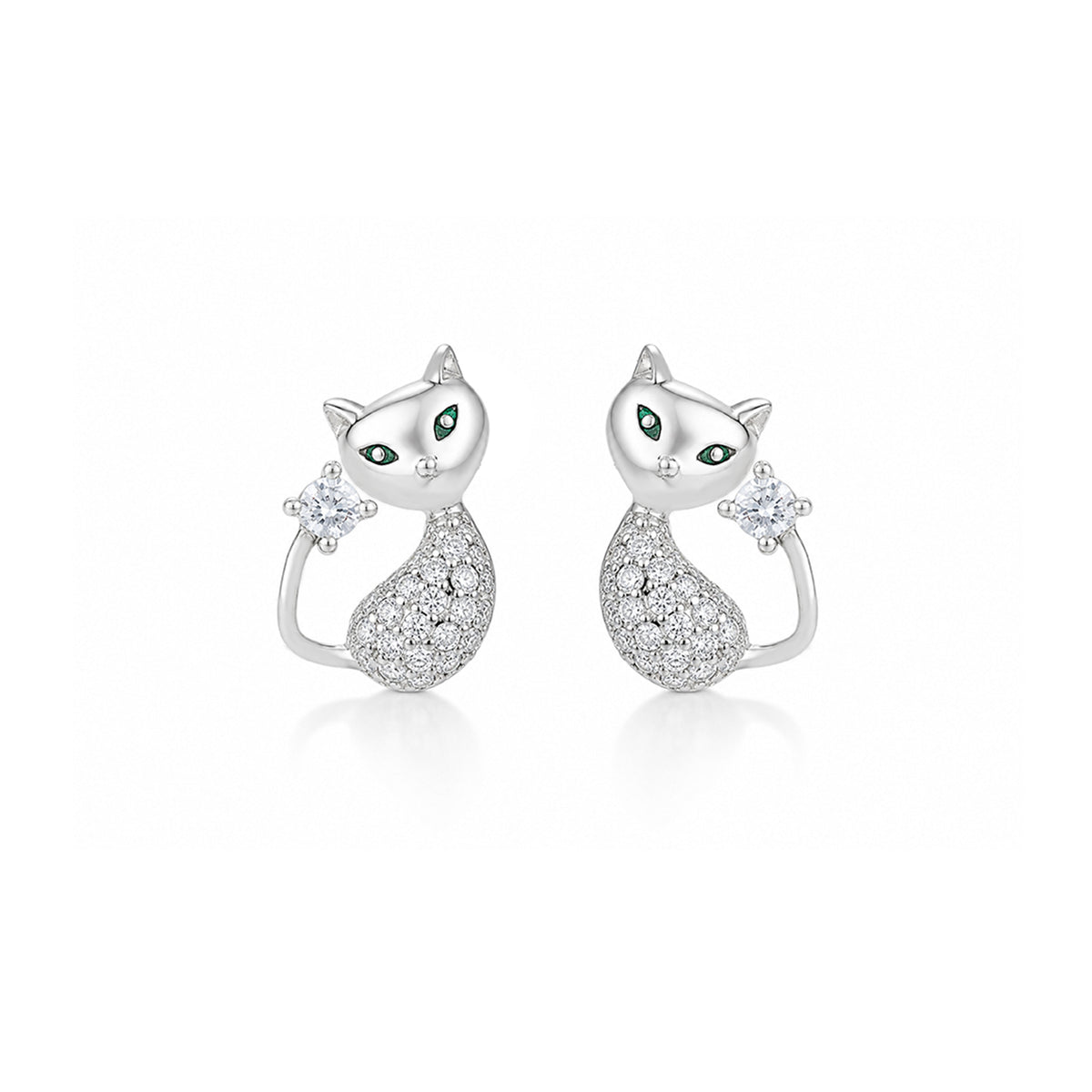 Silver Crystal Cat Stud Earrings