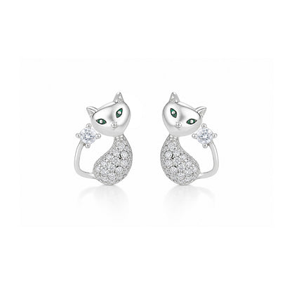 Silver Crystal Cat Stud Earrings