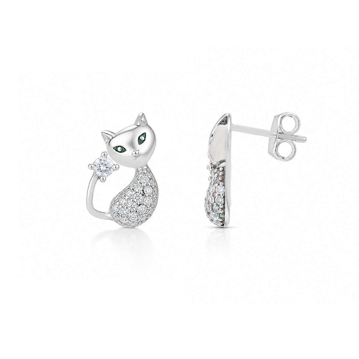 Silver Crystal Cat Stud Earrings