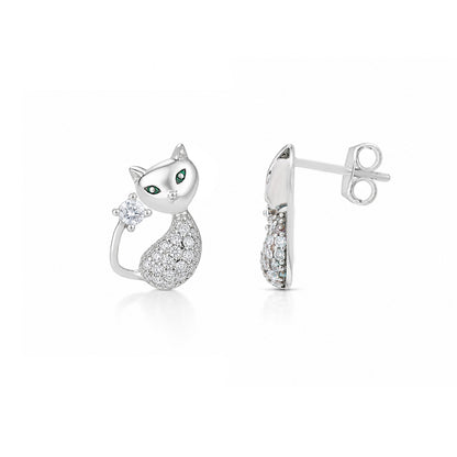 Silver Crystal Cat Stud Earrings