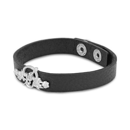 925 Silver Divine OM Calligraphy Curved Leaf Details Black Strap Bracelet for Men