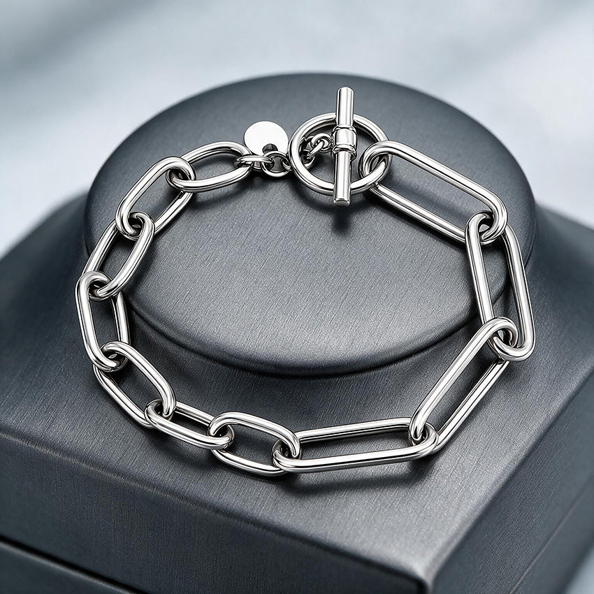 Silver Elongated Open Link Toggle Bracelet