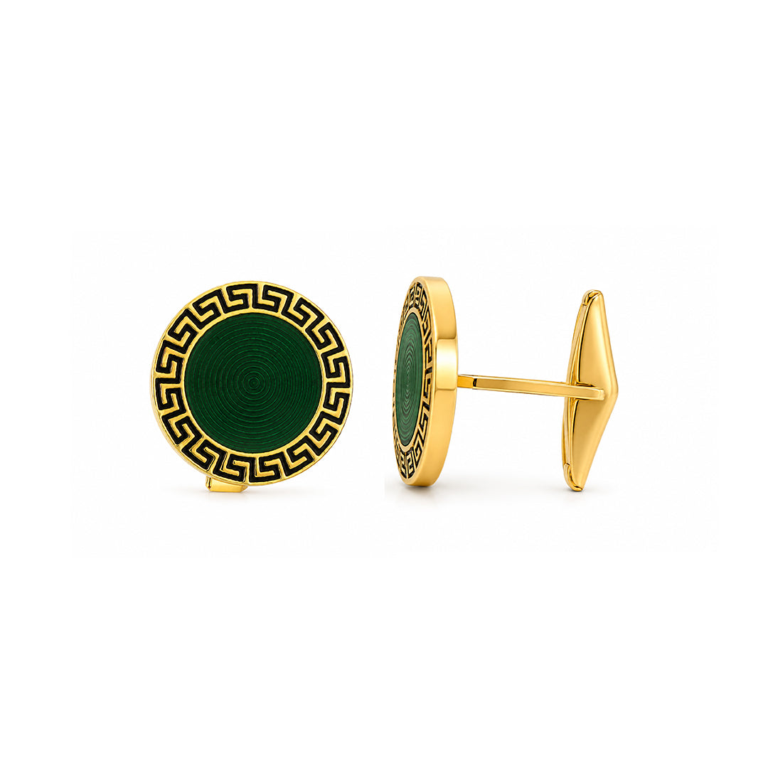 Silver Greek Key Green Enamel Cufflinks