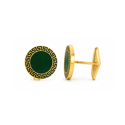 Silver Greek Key Green Enamel Cufflinks