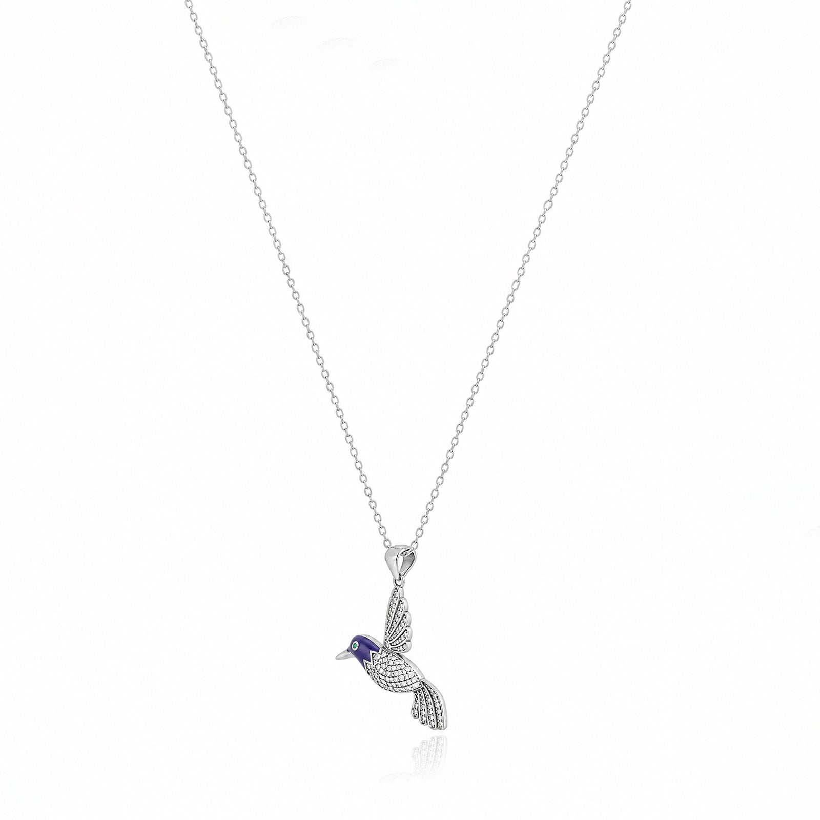 Silver Hummingbird Blue Enamel Chain Pendant