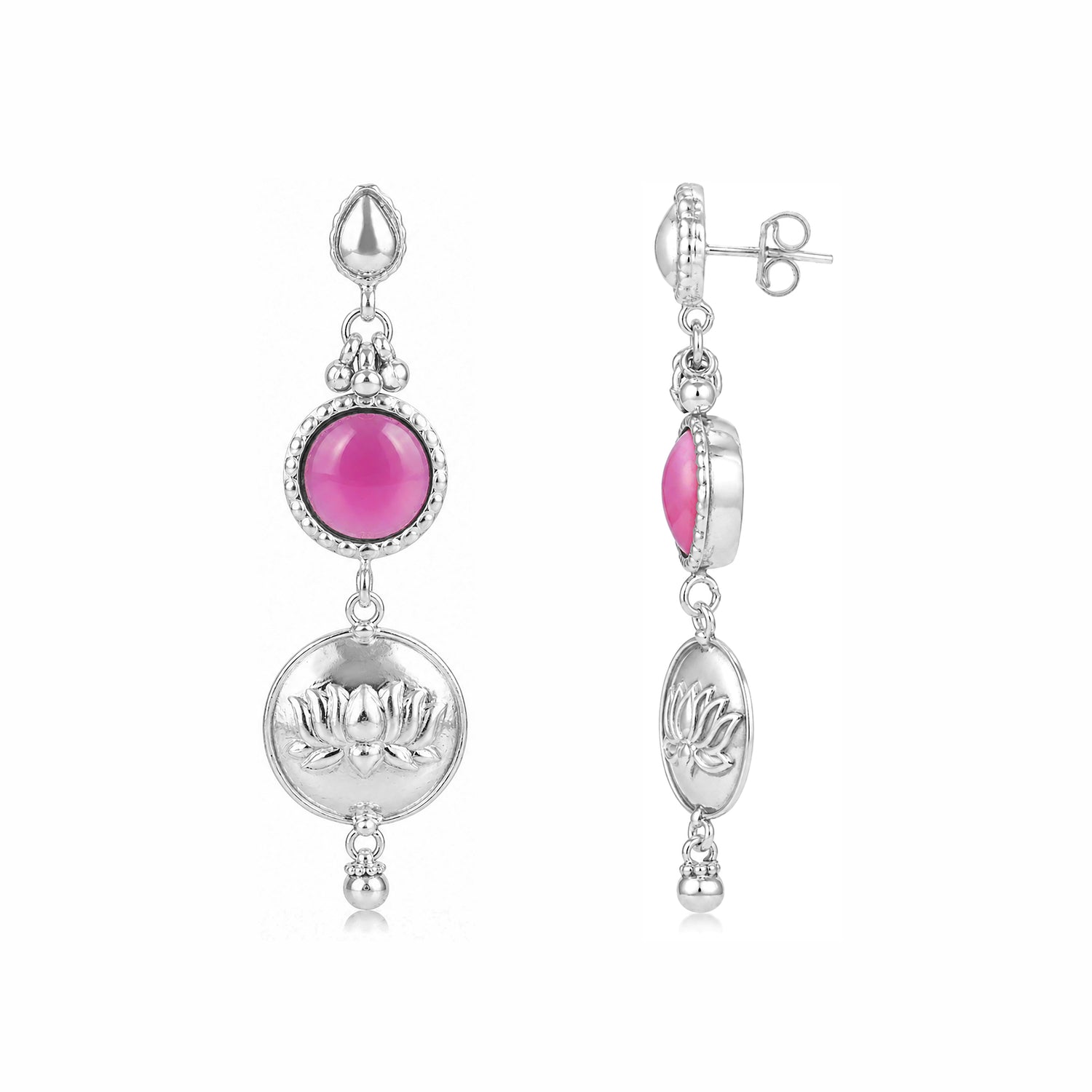 Silver Lotus Motif Pink Drop Earrings