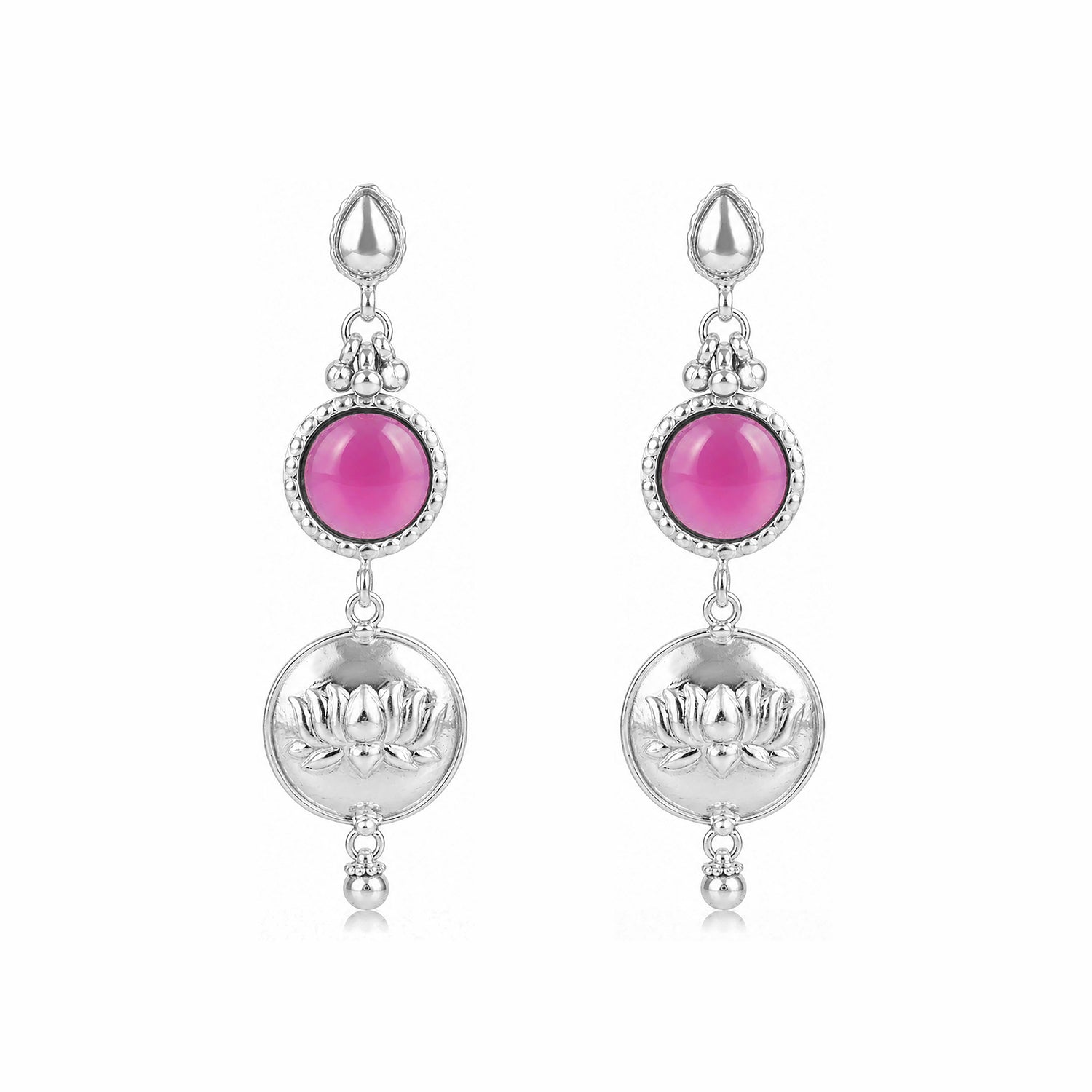 Silver Lotus Motif Pink Drop Earrings
