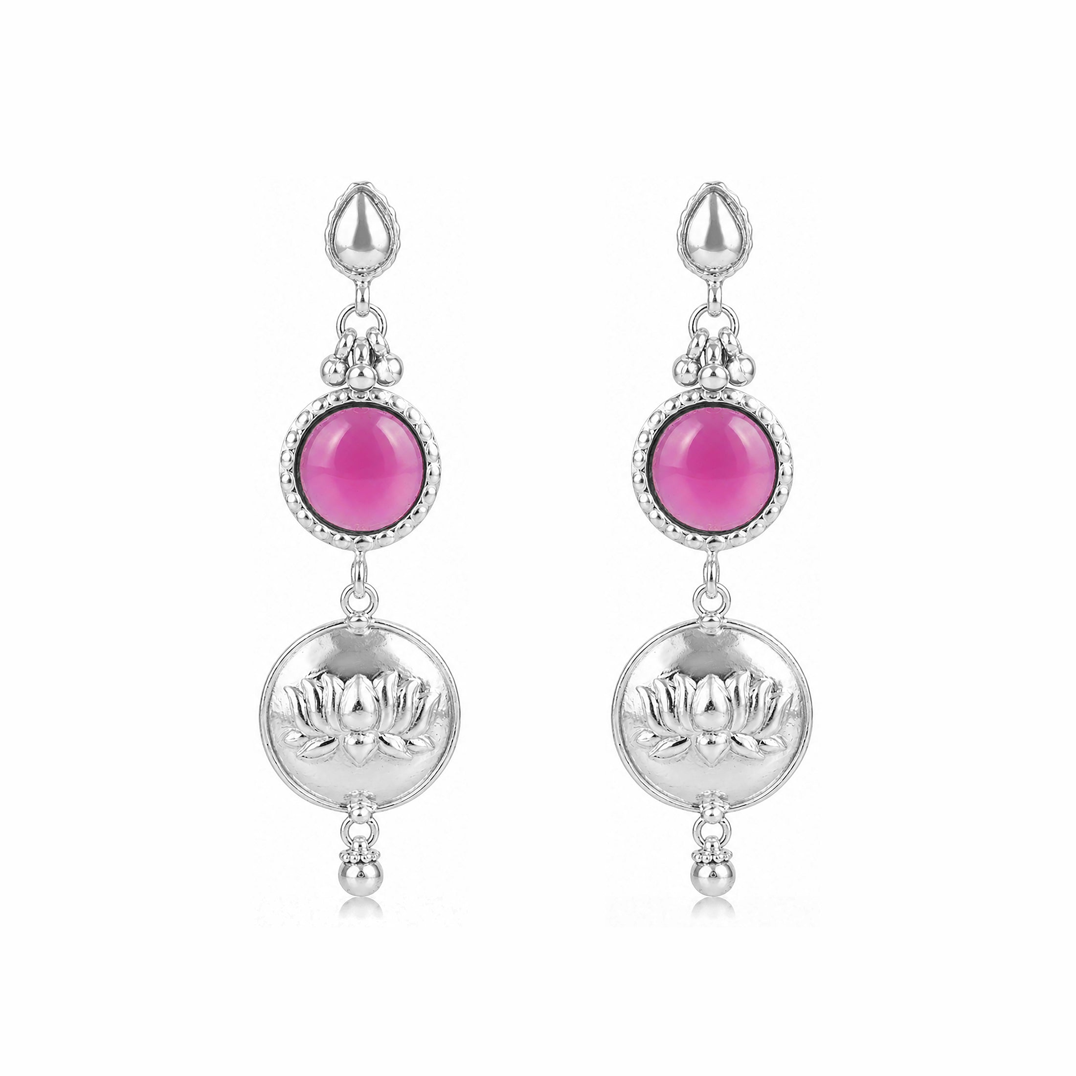 Silver Lotus Motif Pink Drop Earrings