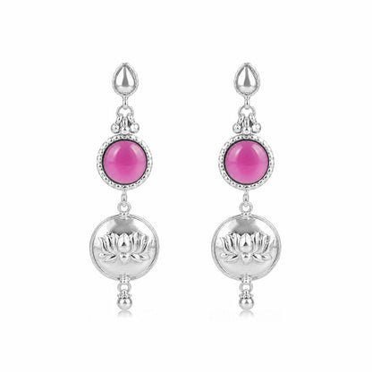 Silver Lotus Motif Pink Drop Earrings