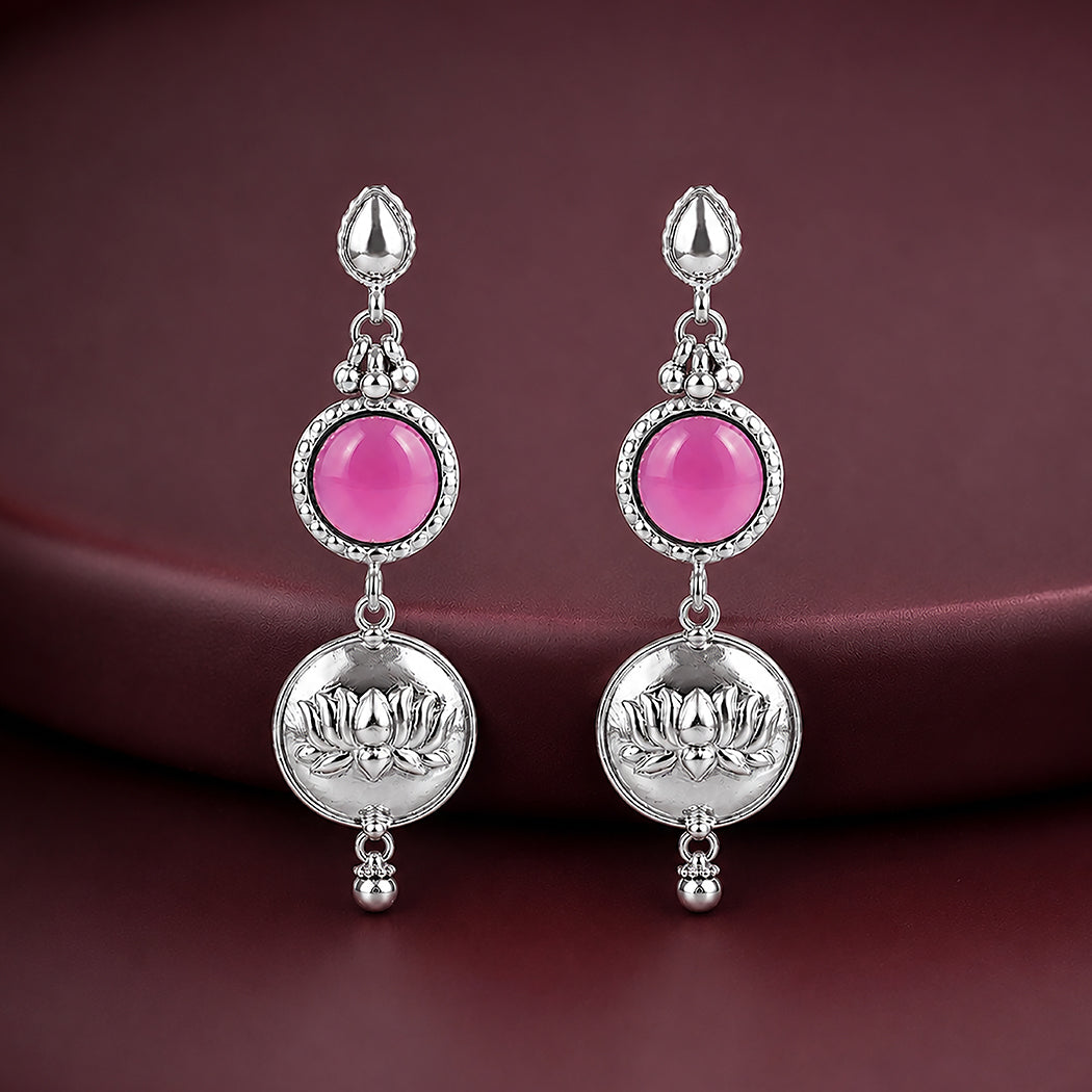 Silver Lotus Motif Pink Drop Earrings