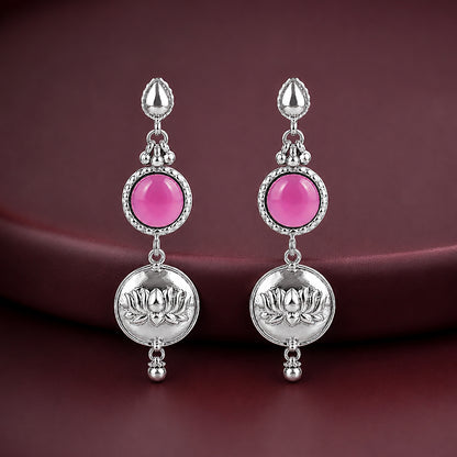 Silver Lotus Motif Pink Drop Earrings