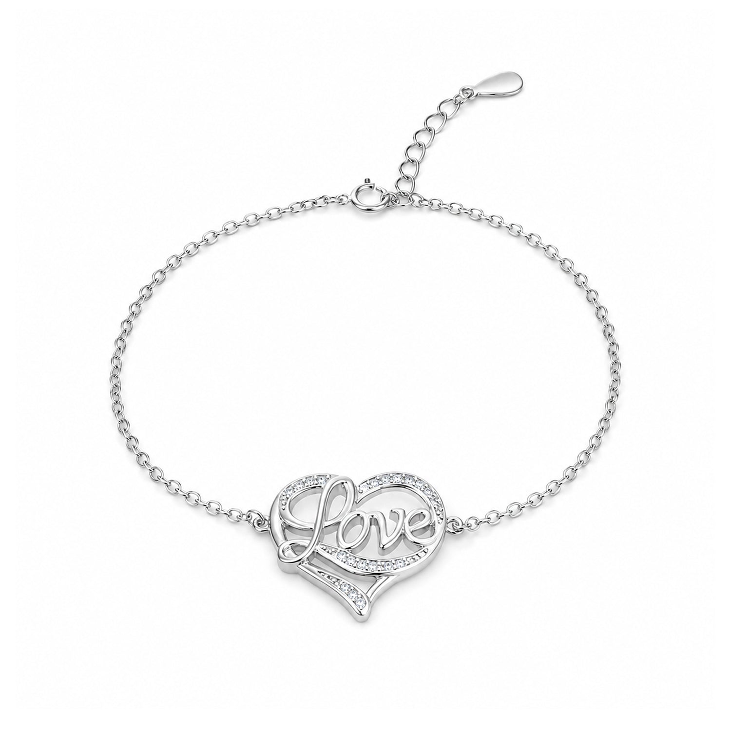 Silver Love Heart Crystal Chain Bracelet