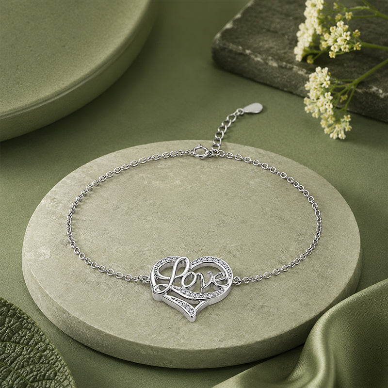 Silver Love Heart Crystal Chain Bracelet