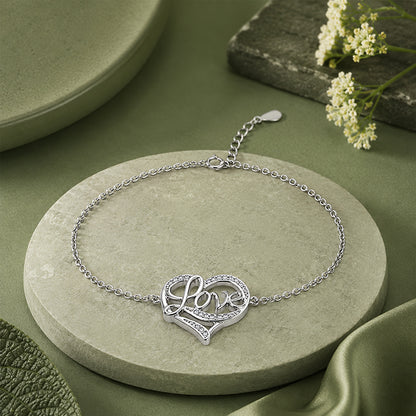 Silver Love Heart Crystal Chain Bracelet